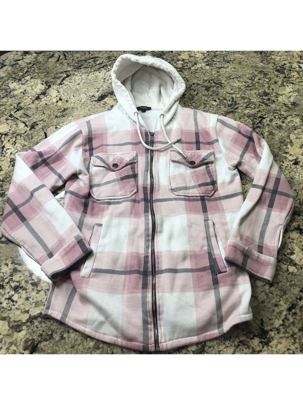 Size Small Rising Women’s Zip Up Sweater Pink Plaid 4 Pockets Hooded Comfy PK